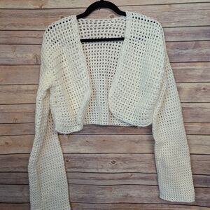 Handmade Cream Crochet Open Front Cropped Cardigan Boho Knit Sweater Shrug Long